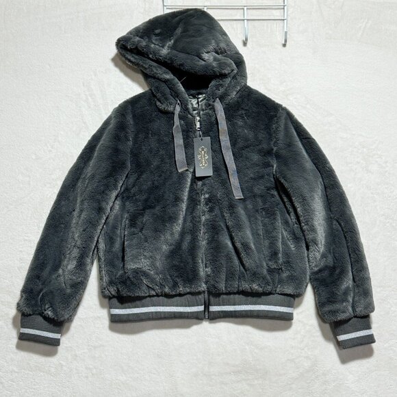 Bellivera Hoodie Pullover Jacket Fuzzy and Very Soft Gray Faux Fur Coat Womens L - Picture 1 of 16